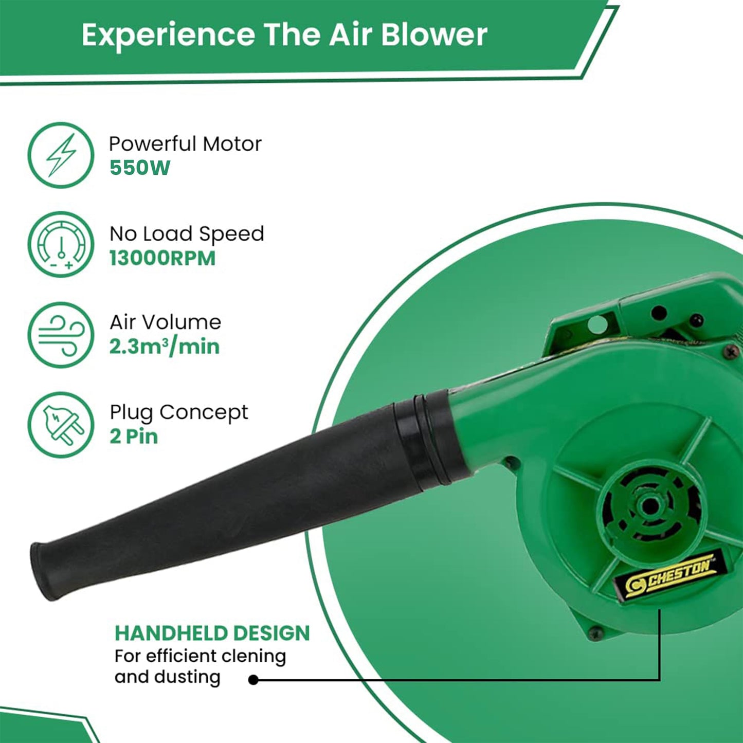 Cheston Air Blower for Cleaning Dust 550W 13000 RPM 2.6m³/min (Green)| 1 Year Warranty | Air Blower for Dust Cleaner for Home, PC Computer, Electronics - Air Blower for Home, Garden, AC Car |