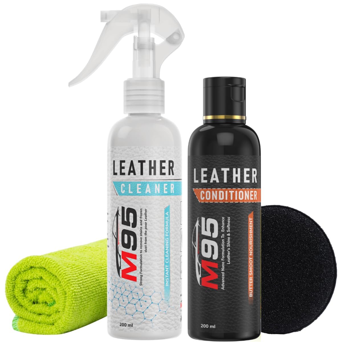M95 Leather Cleaner and Conditioner kit Combo for Sofa, Car Seats, Jacket, Bags, Belt and for all Leather, cleaner and conditioner (200ml) (Cleaner + Conditioner)