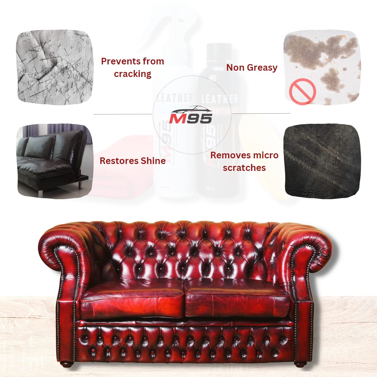 M95 Leather Cleaner and Conditioner kit Combo for Sofa, Car Seats, Jacket, Bags, Belt and for all Leather, cleaner and conditioner (200ml) (Cleaner + Conditioner)