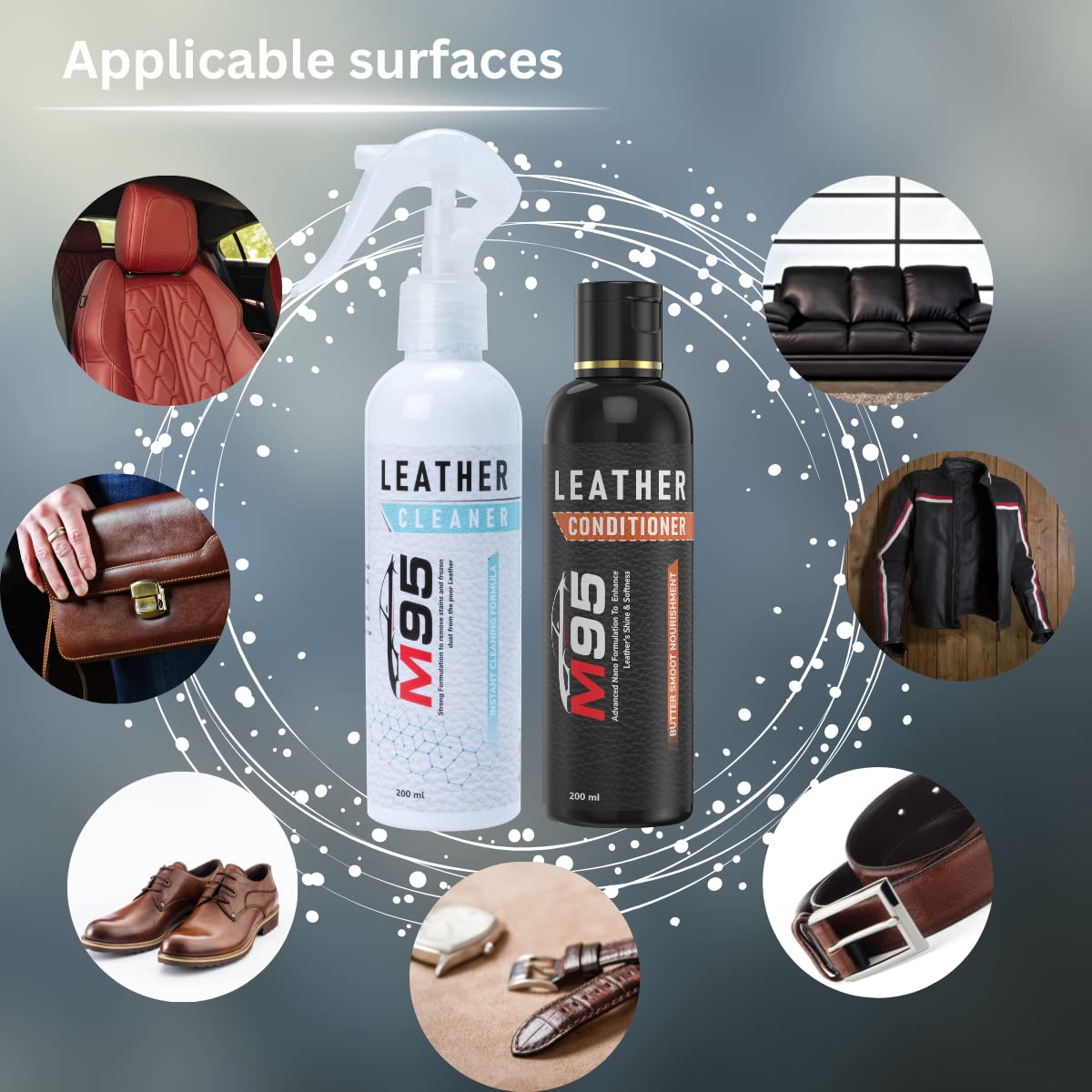 M95 Leather Cleaner and Conditioner kit Combo for Sofa, Car Seats, Jacket, Bags, Belt and for all Leather, cleaner and conditioner (200ml) (Cleaner + Conditioner)