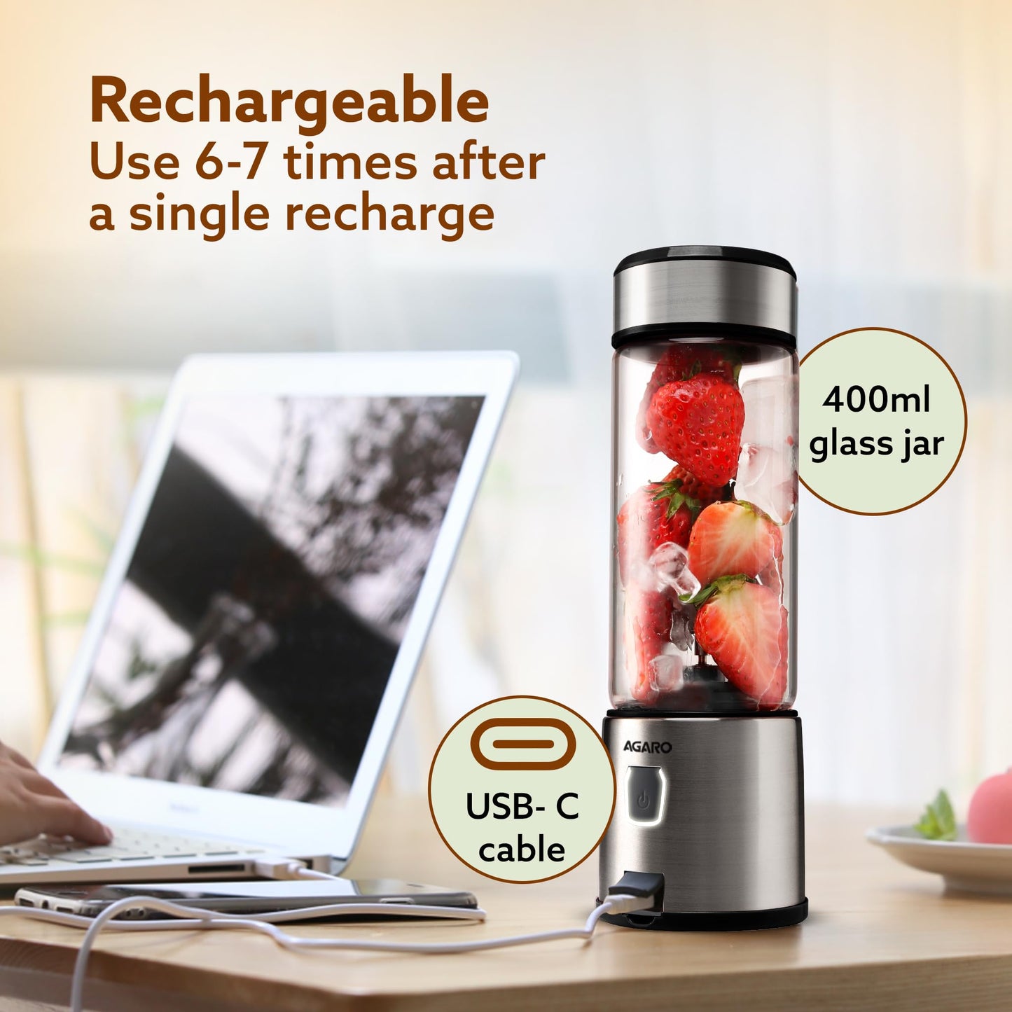 AGARO Galaxy Portable Blender, Portable Hand Blender For Kitchen, 450ml, For Smoothies, Shakes, 126W, 3000 mAh Battery, USB Rechargeable, Stainless Steel Blade.