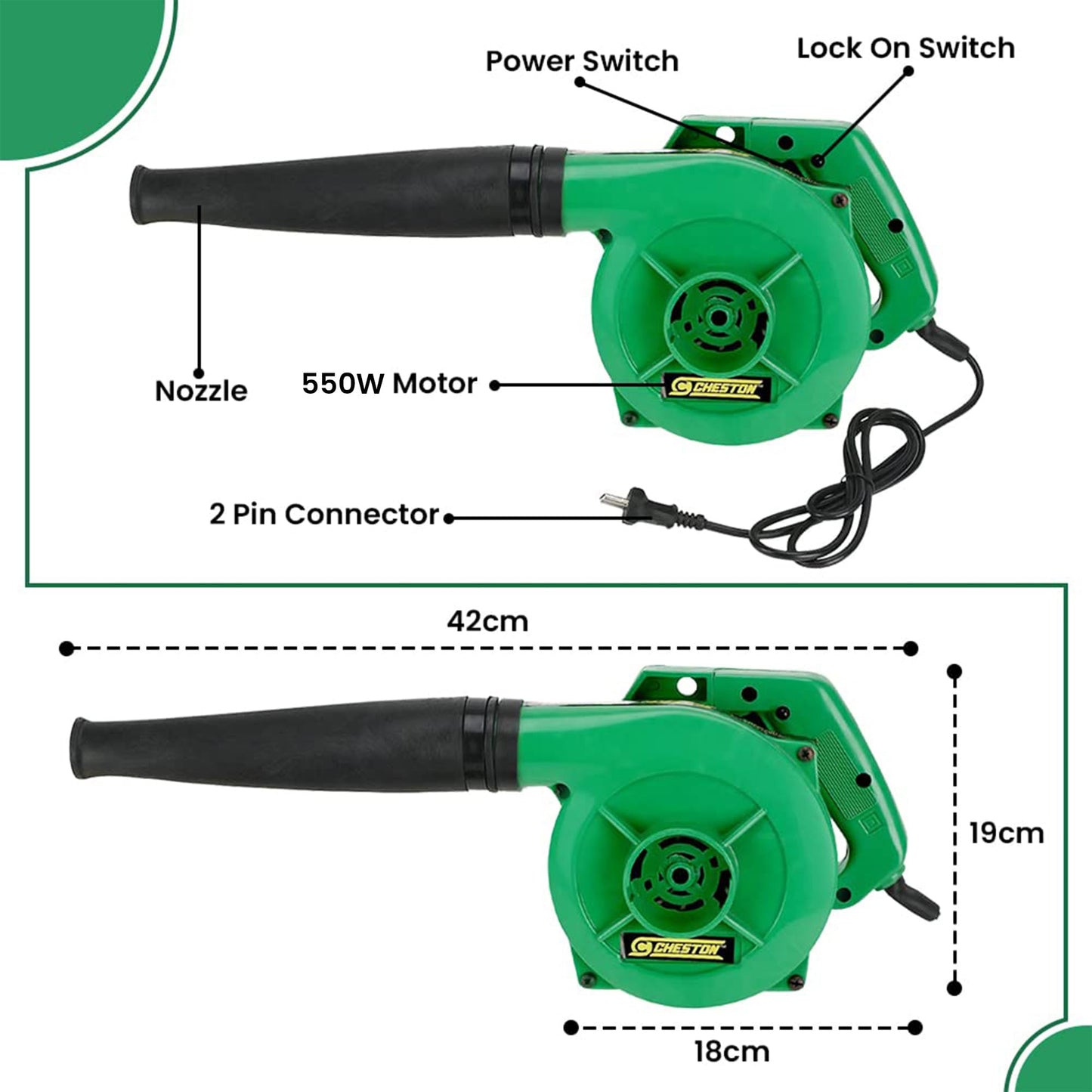 Cheston Air Blower for Cleaning Dust 550W 13000 RPM 2.6m³/min (Green)| 1 Year Warranty | Air Blower for Dust Cleaner for Home, PC Computer, Electronics - Air Blower for Home, Garden, AC Car |