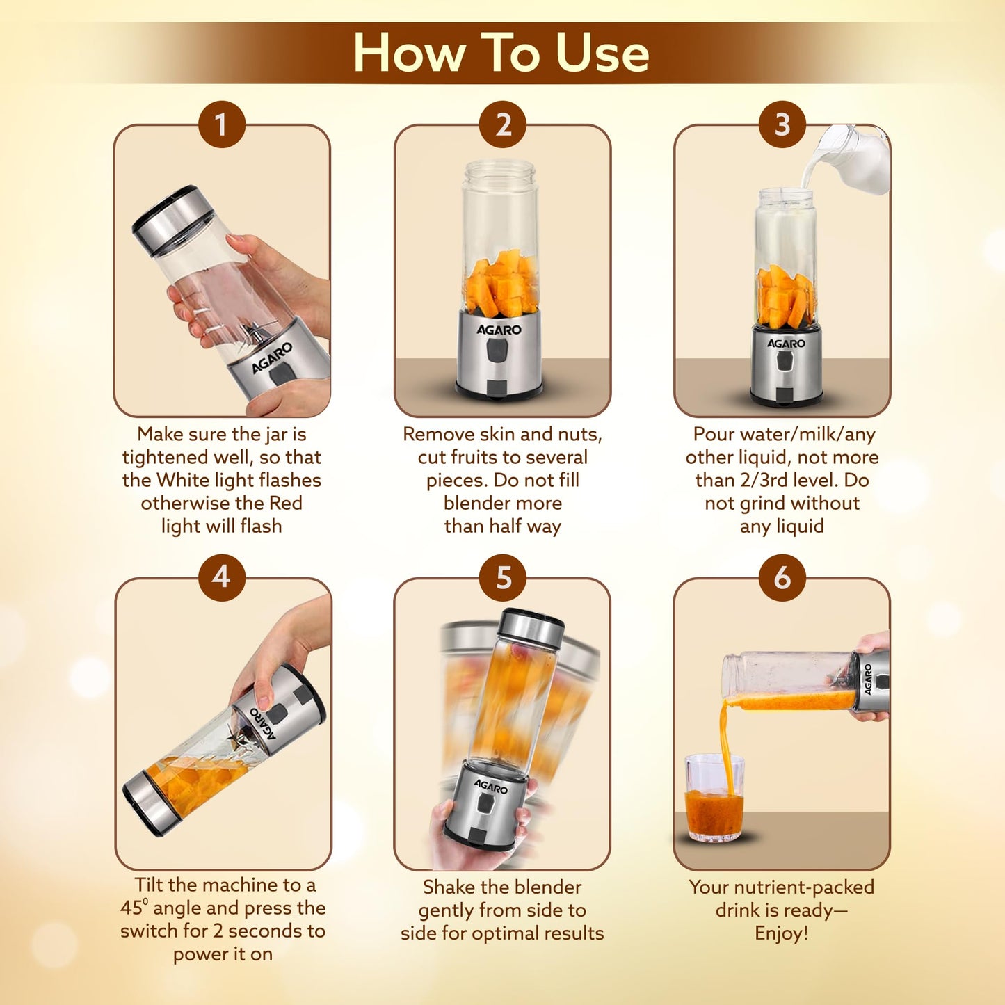 AGARO Galaxy Portable Blender, Portable Hand Blender For Kitchen, 450ml, For Smoothies, Shakes, 126W, 3000 mAh Battery, USB Rechargeable, Stainless Steel Blade.