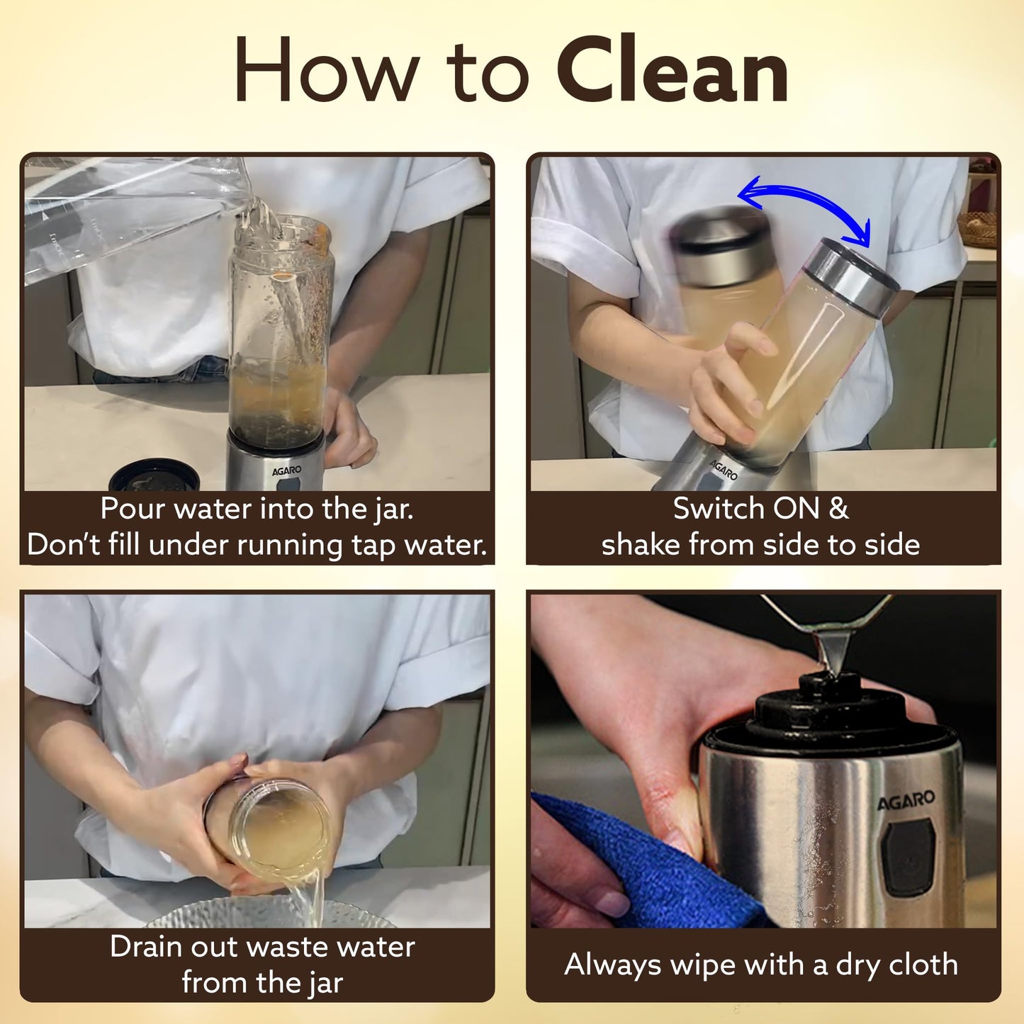 AGARO Galaxy Portable Blender, Portable Hand Blender For Kitchen, 450ml, For Smoothies, Shakes, 126W, 3000 mAh Battery, USB Rechargeable, Stainless Steel Blade.